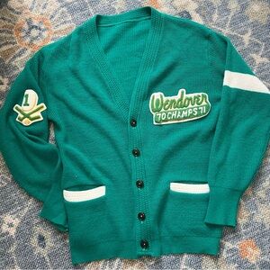 Teal Women's Varsity Cardigan with Embroidered Patches